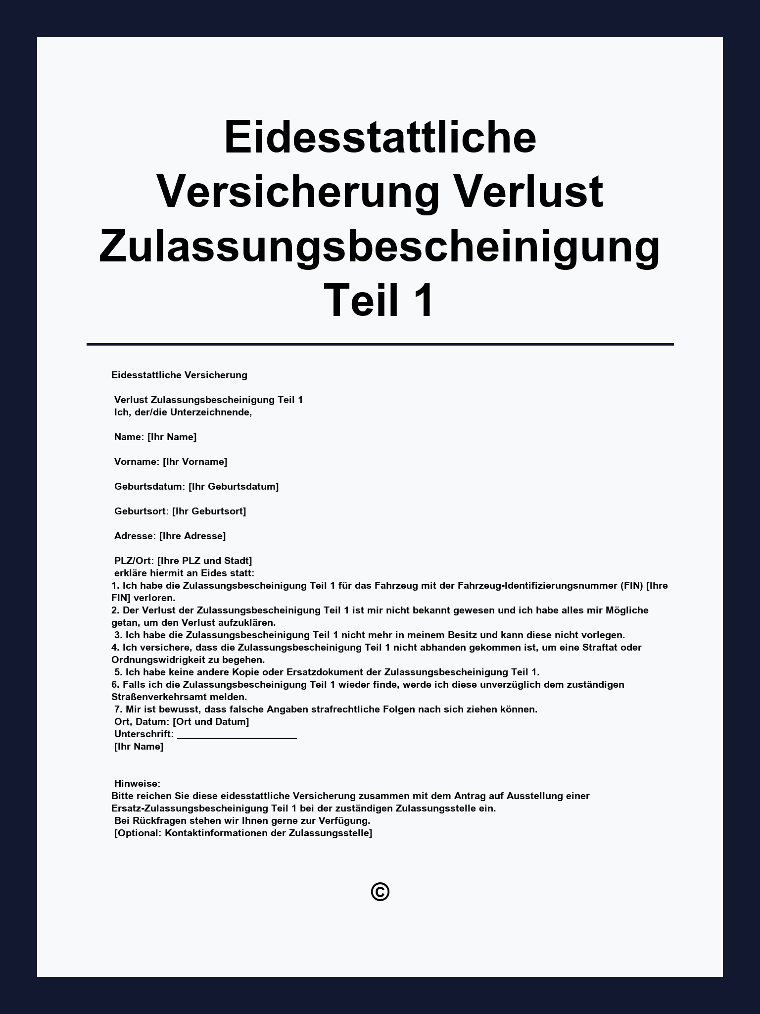 Eidesstattliche Versicherung Verlust Zulassungsbescheinigung Teil 1 Muster