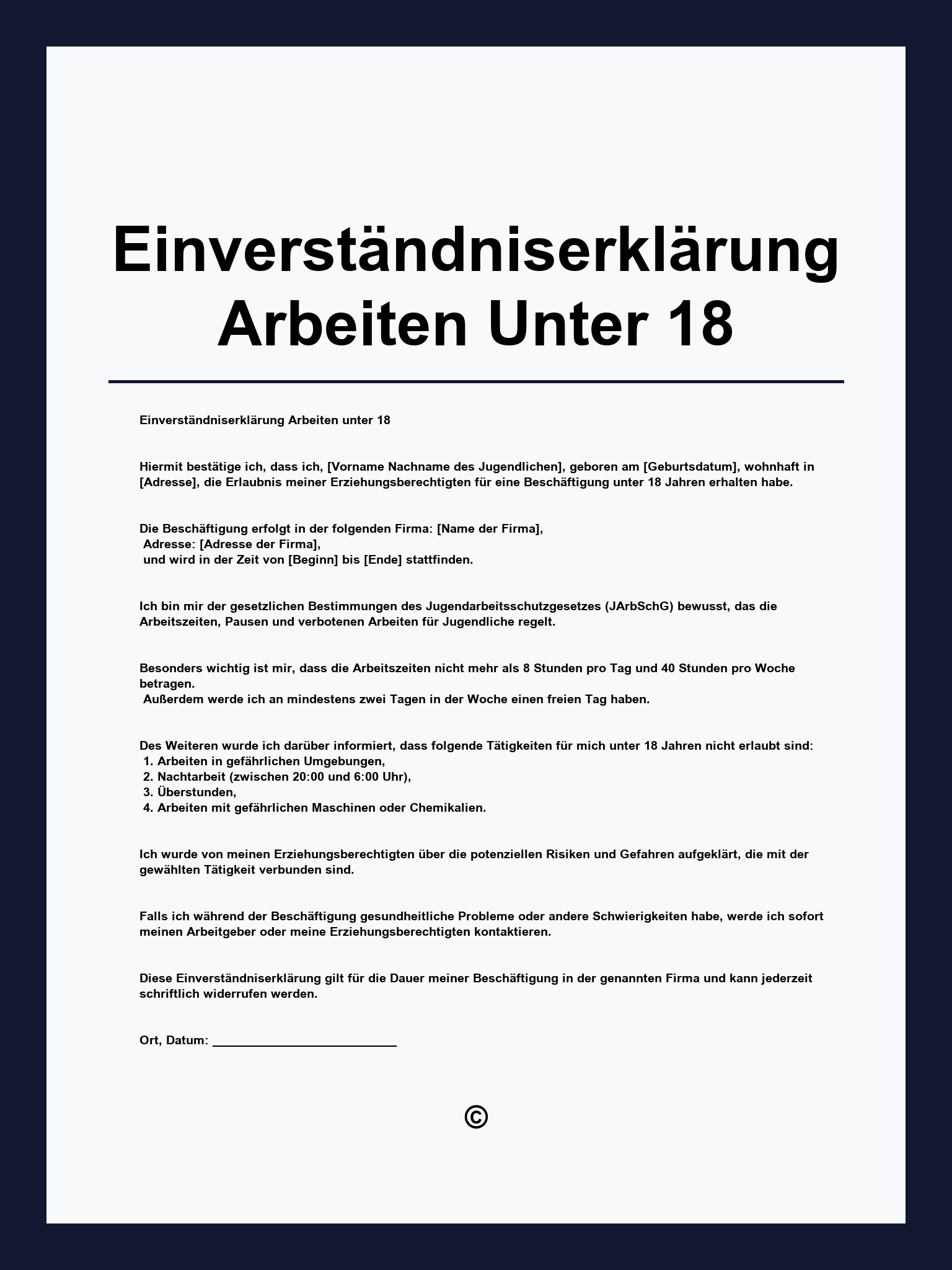 Einverständniserklärung Arbeiten Unter 18