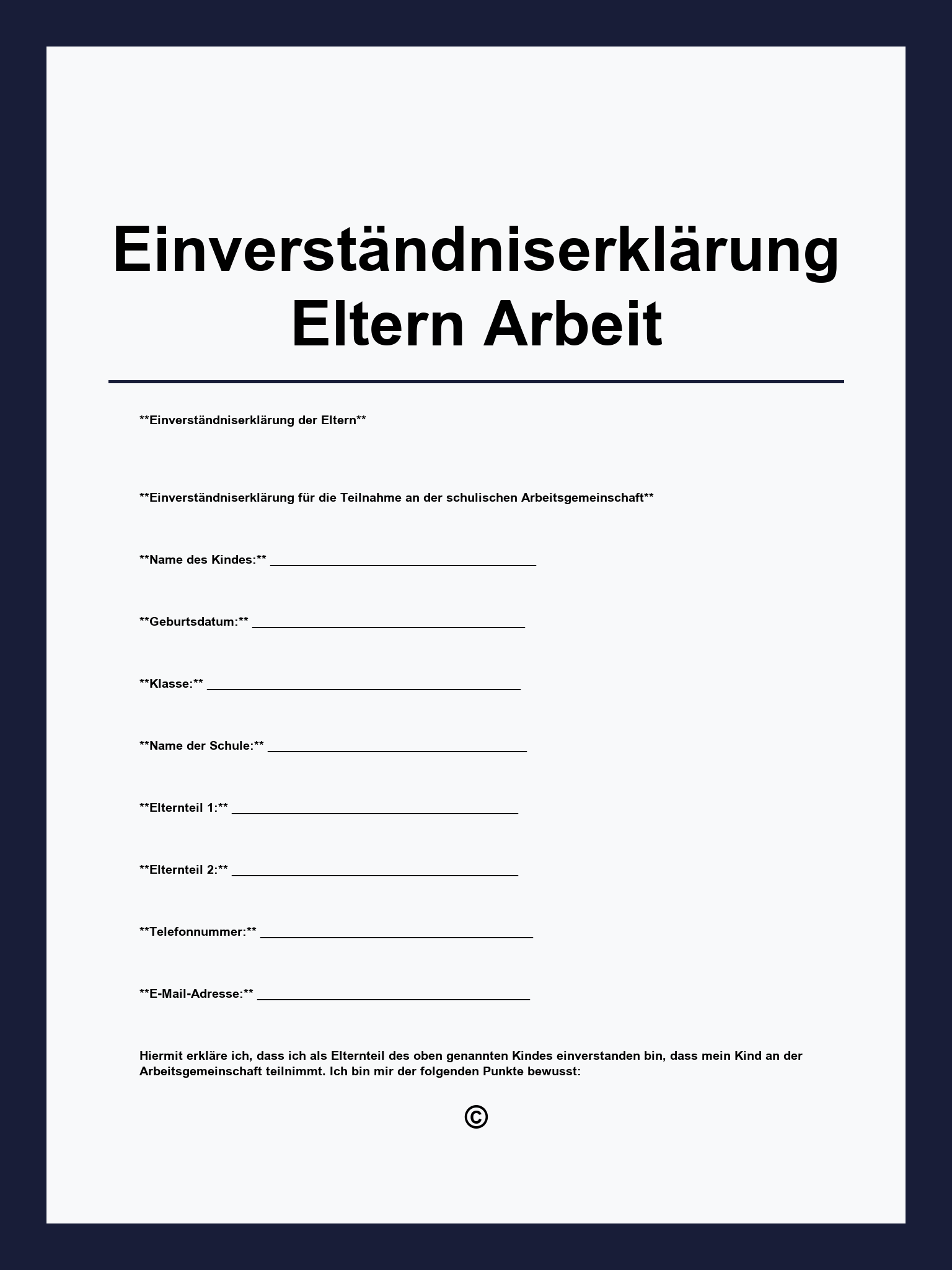 Einverständniserklärung Eltern Vorlage Arbeit