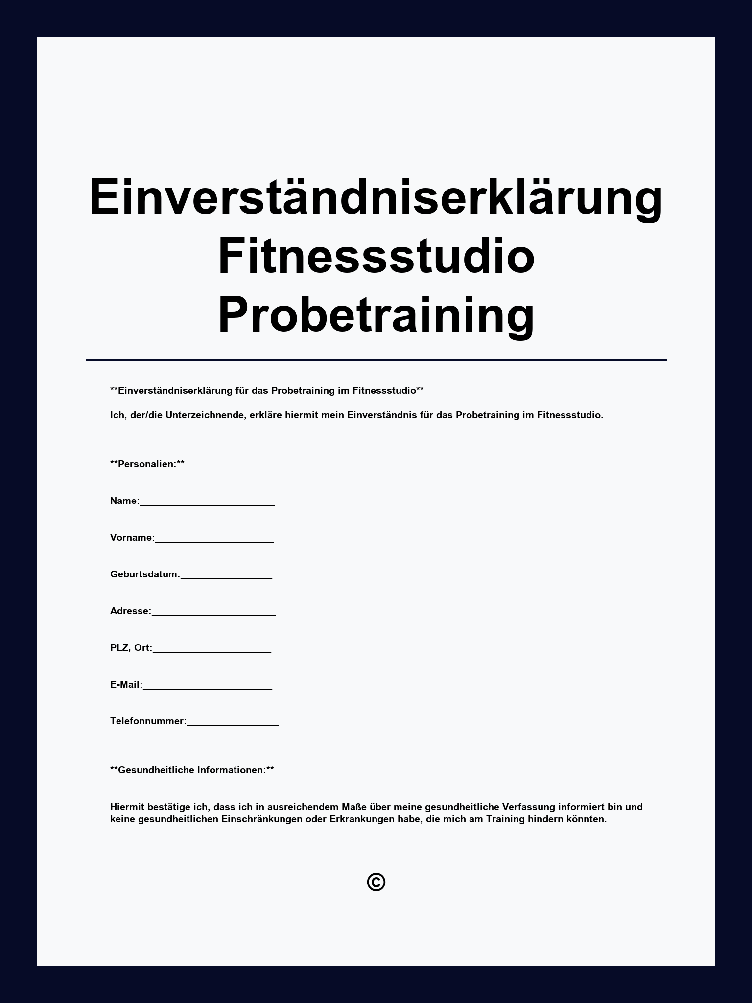 Einverständniserklärung Fitnessstudio Probetraining Vorlage