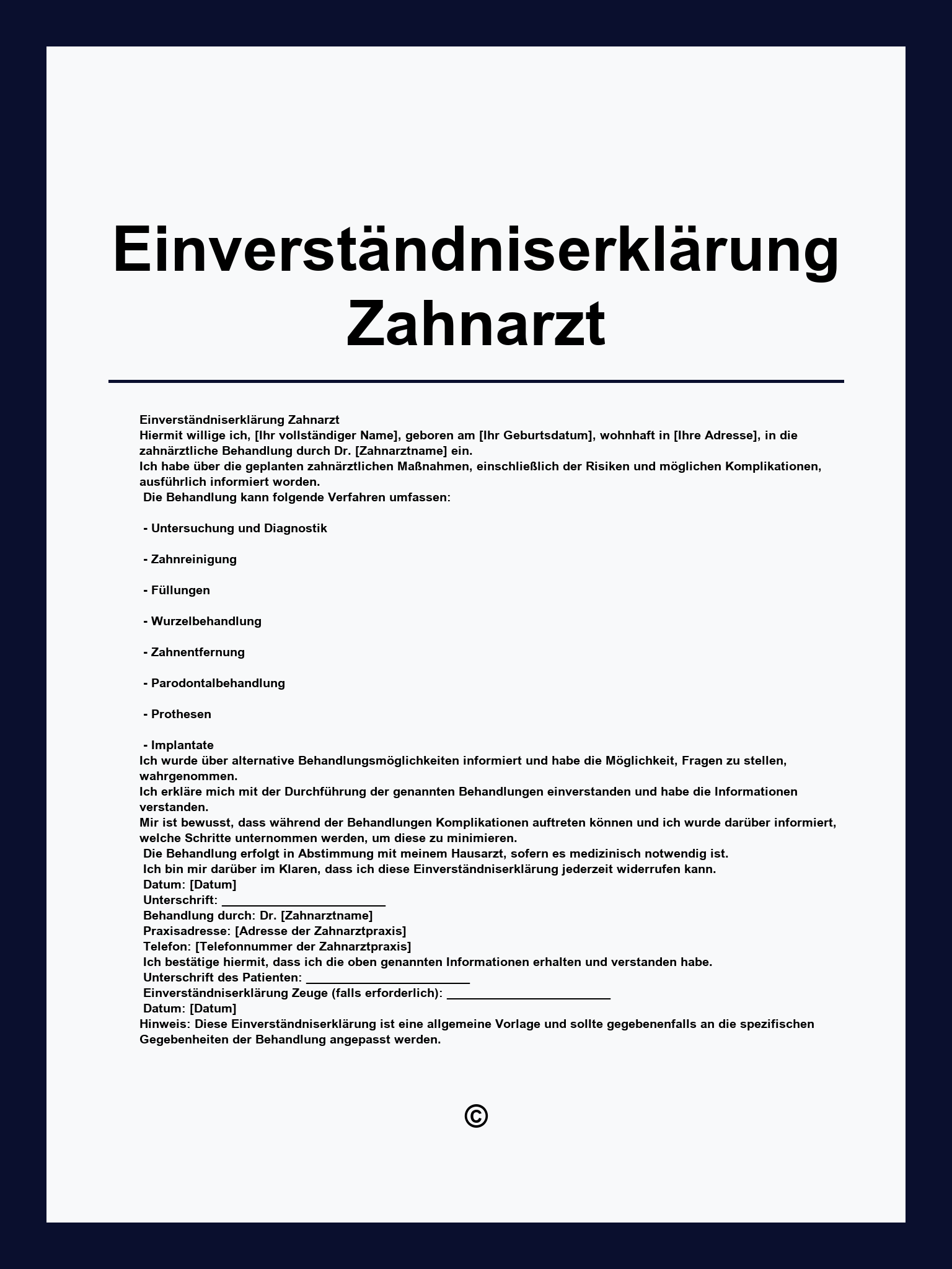 Einverständniserklärung Zahnarzt