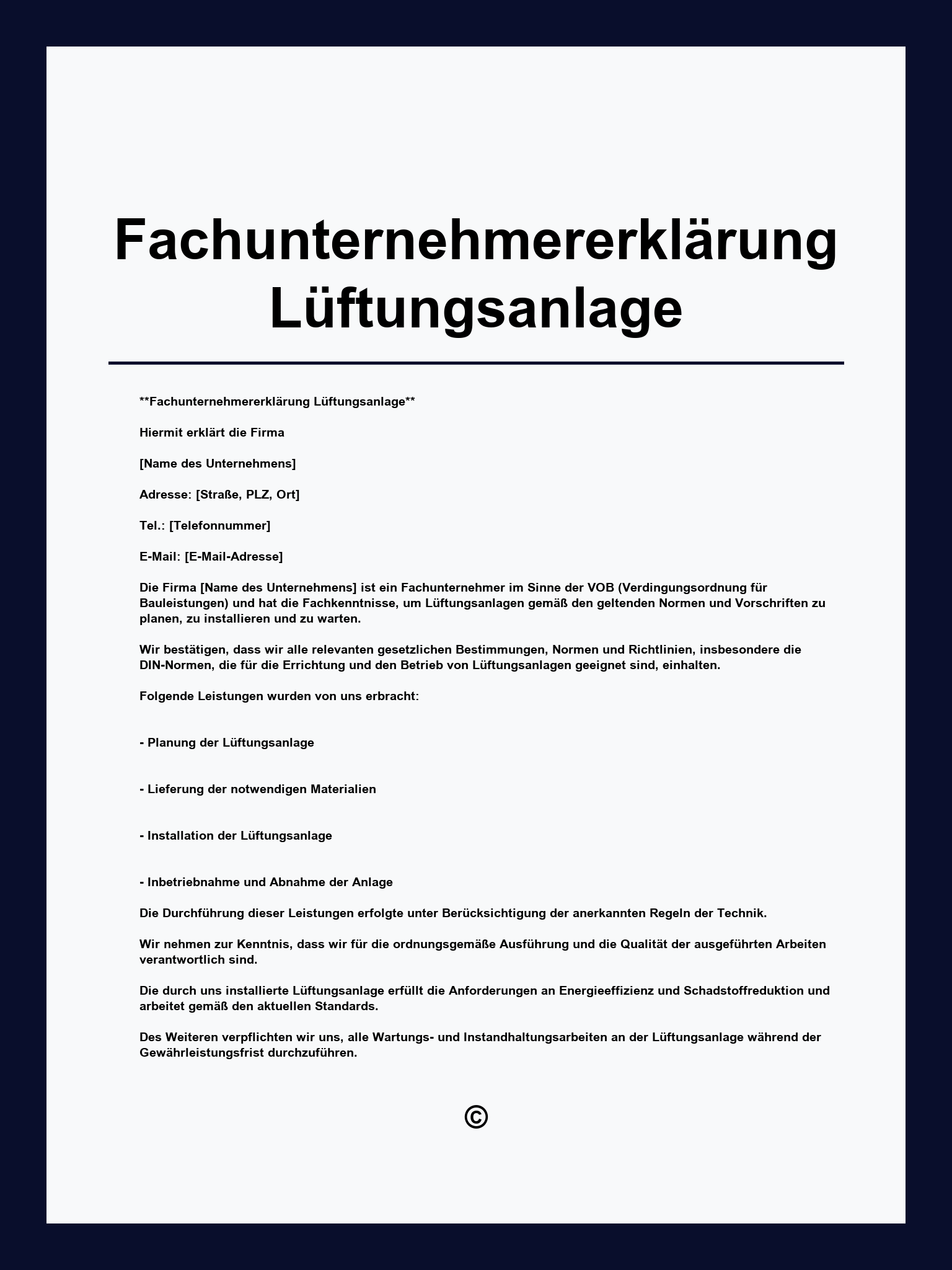 Fachunternehmererklärung Lüftungsanlage
