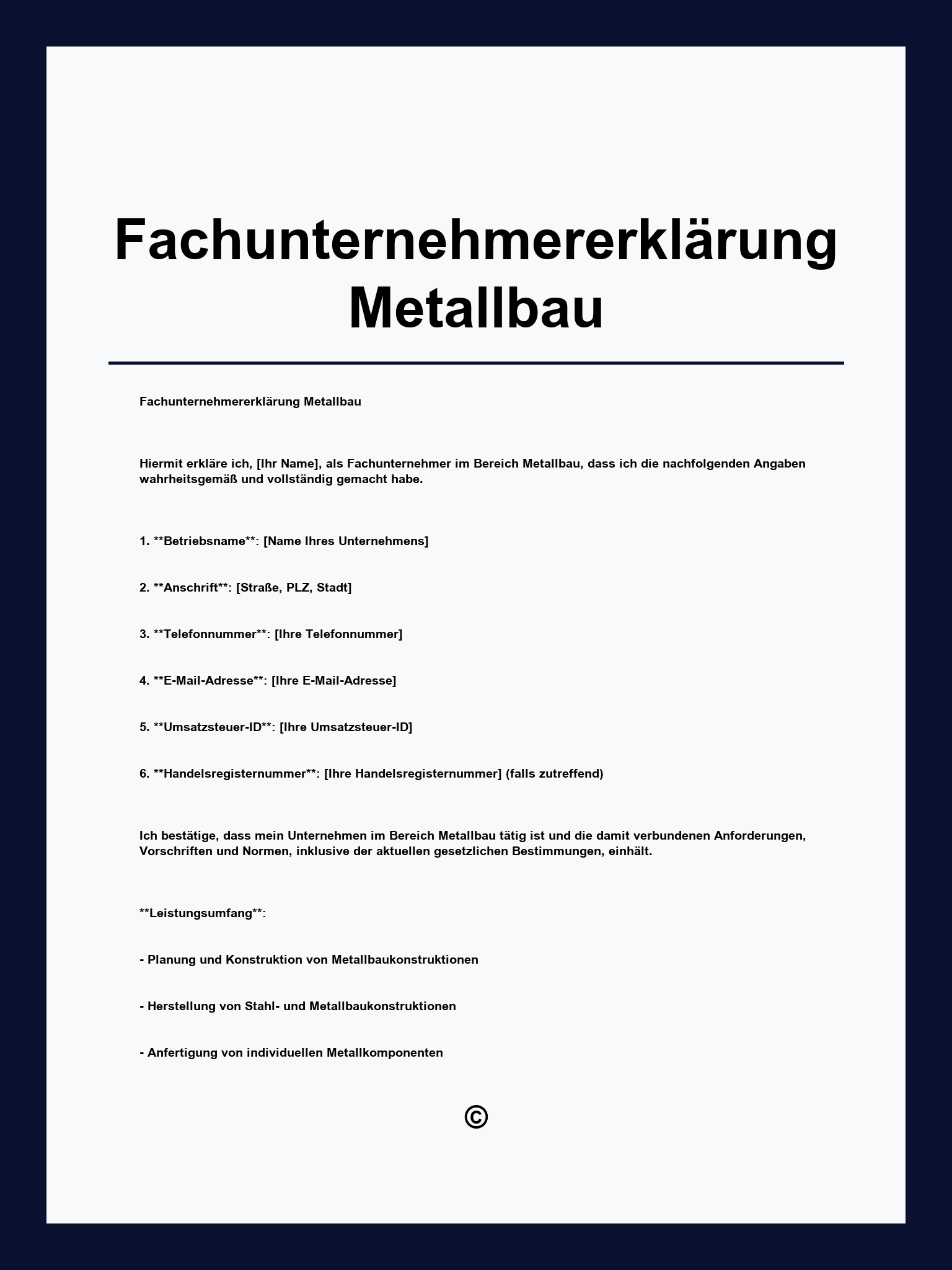 Fachunternehmererklärung Metallbau