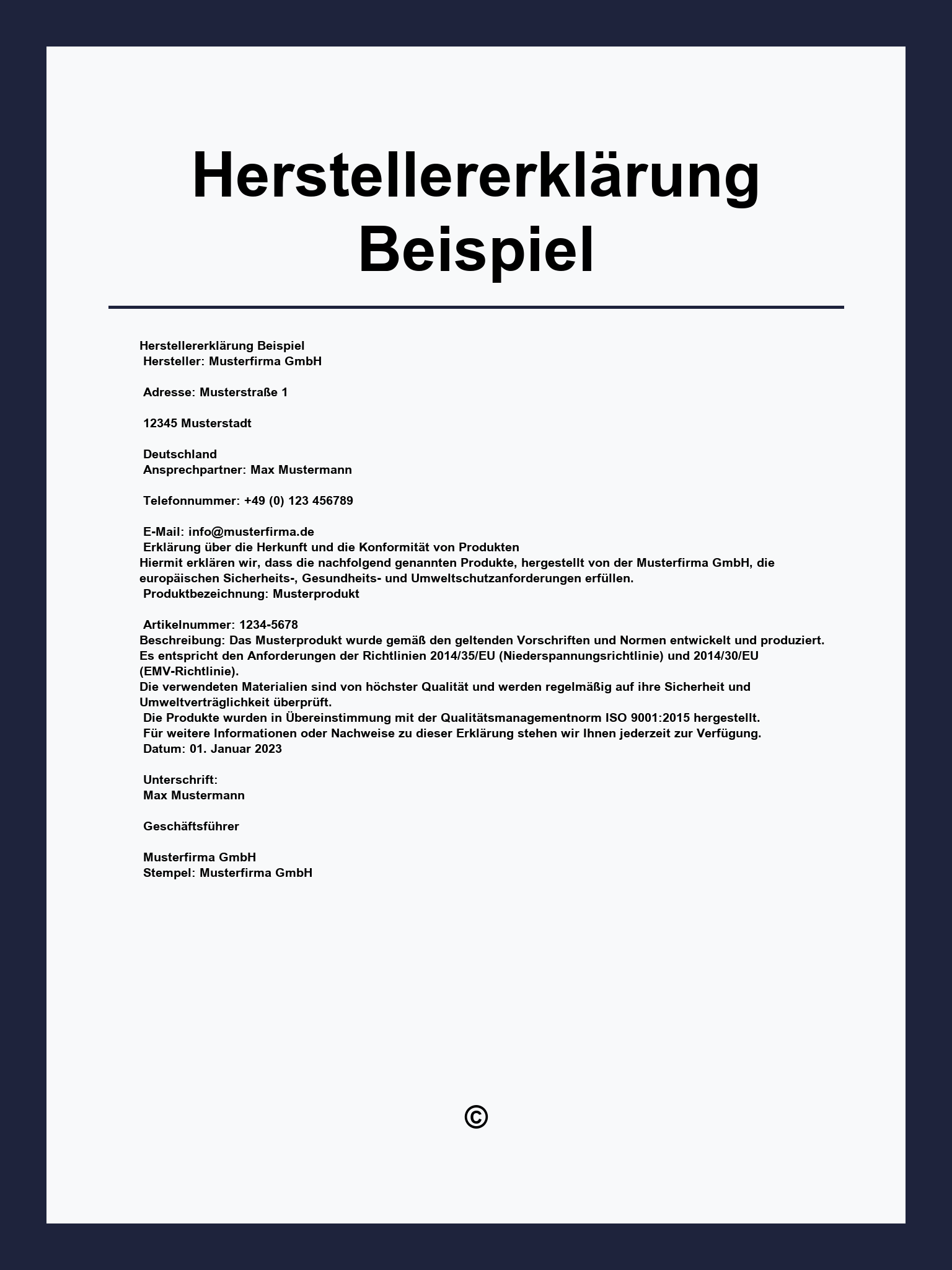 Herstellererklärung Beispiel