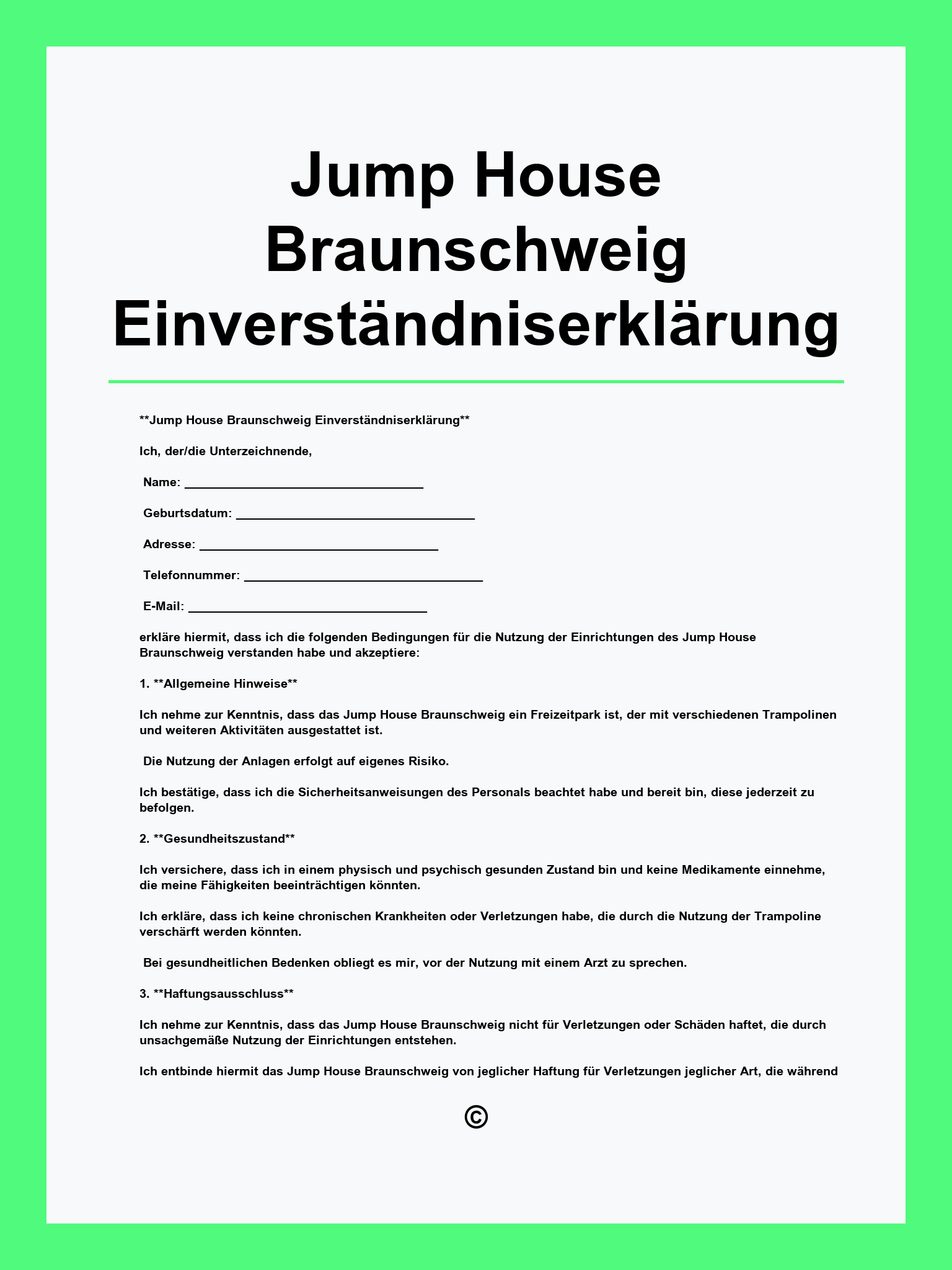 Jump House Braunschweig Einverständniserklärung