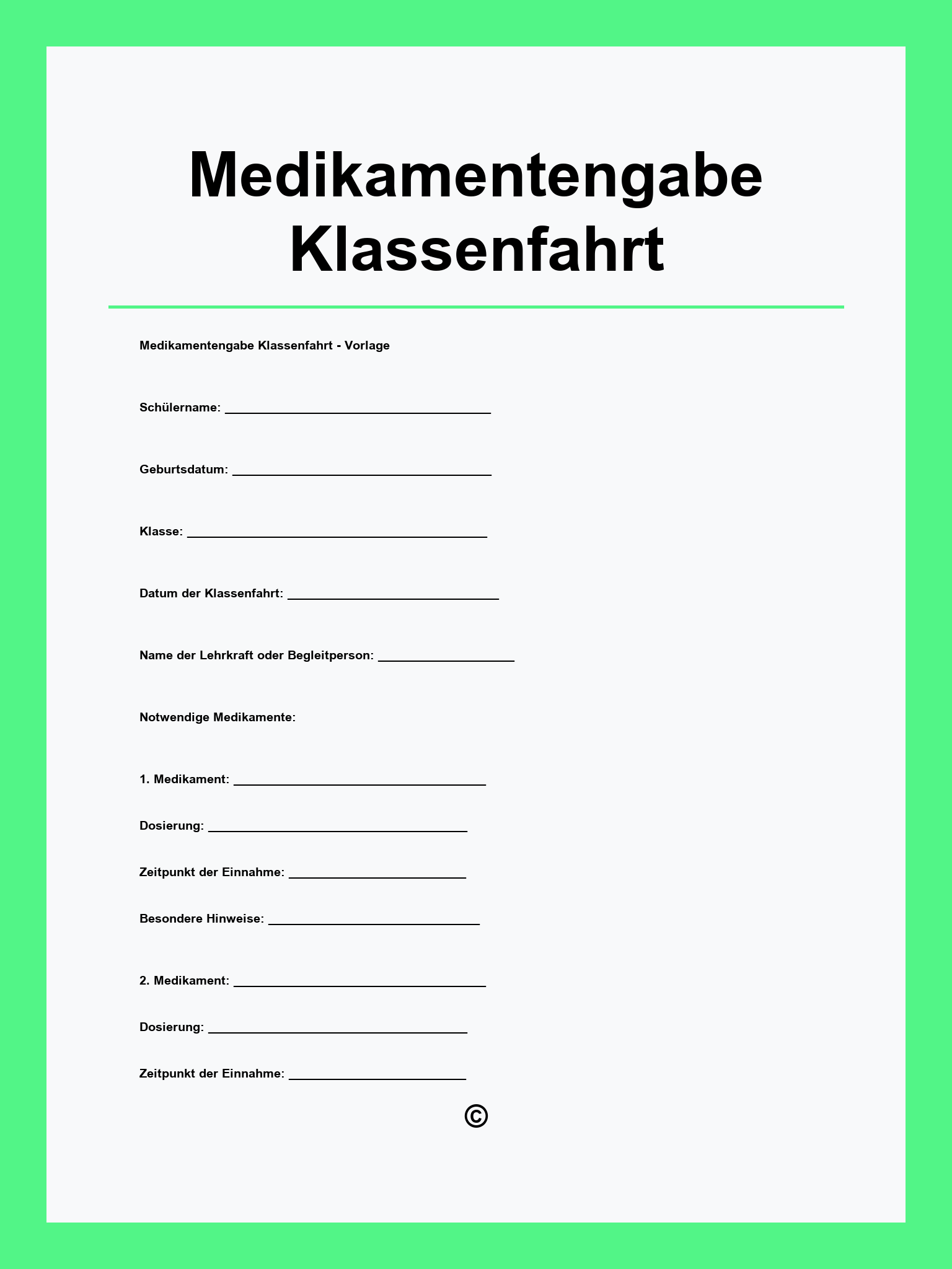 Vordruck Medikamentengabe Klassenfahrt