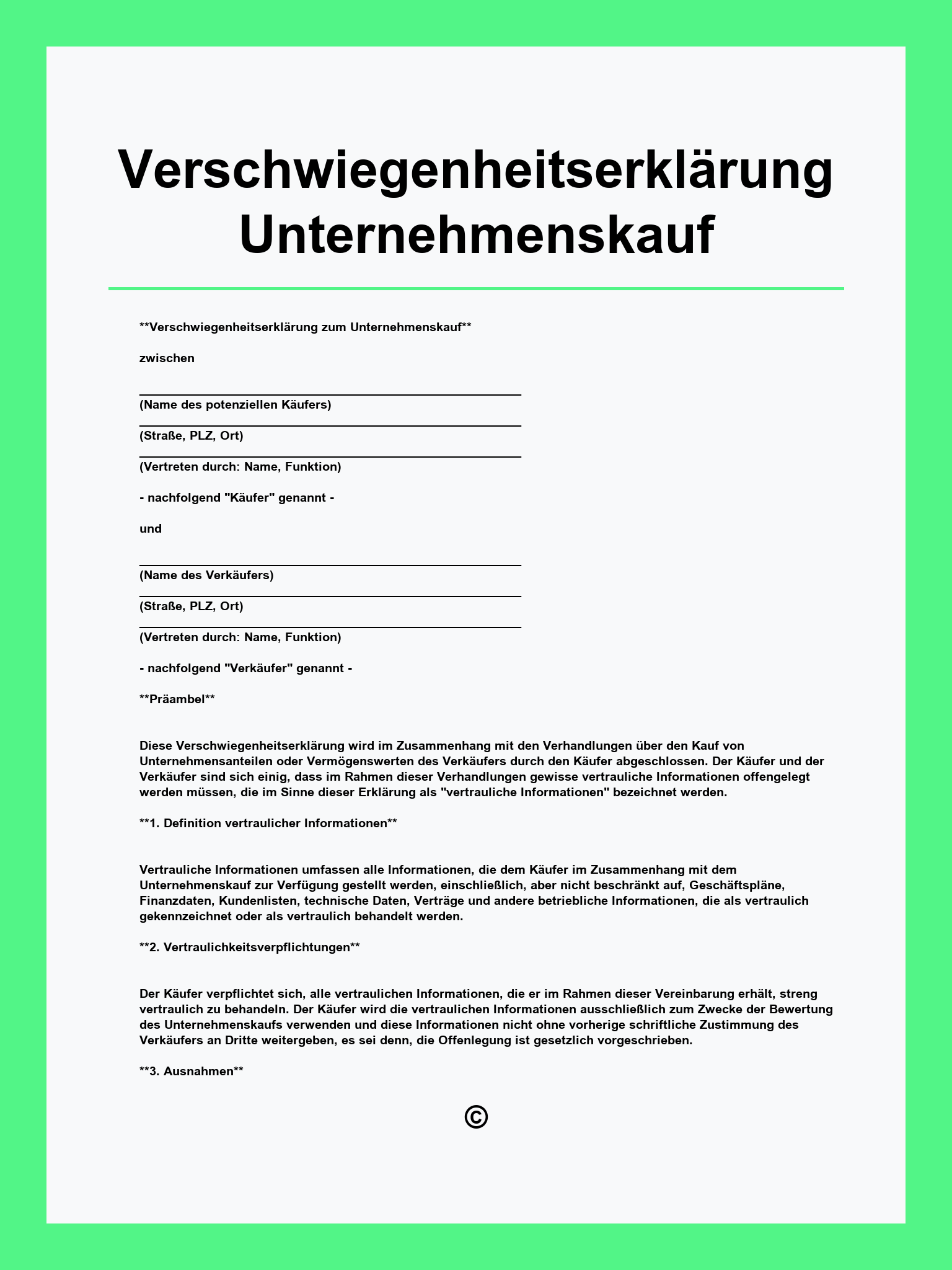 Verschwiegenheitserklärung Unternehmenskauf Muster