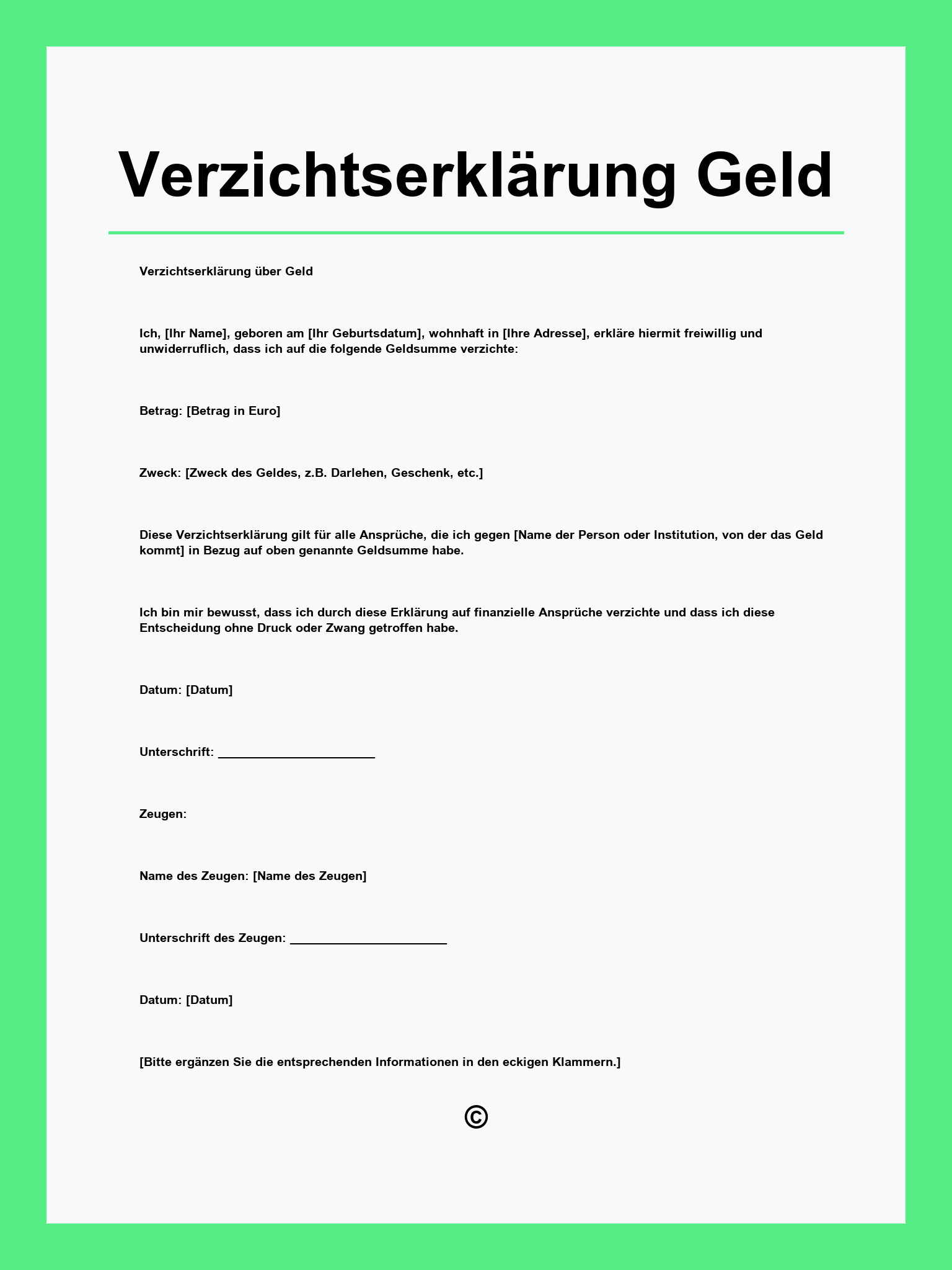 Verzichtserklärung Geld Vorlage