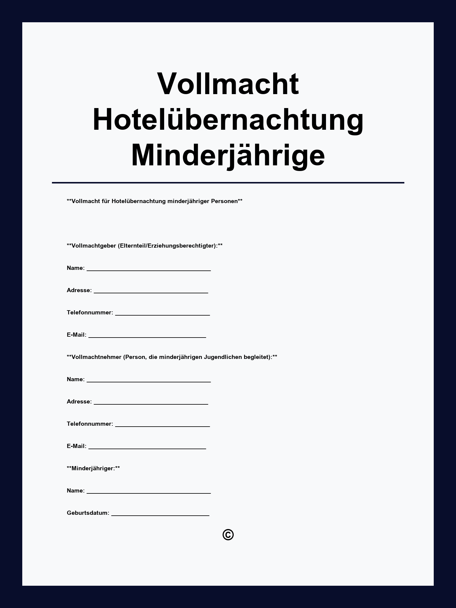 Vollmacht Hotelübernachtung Minderjährige